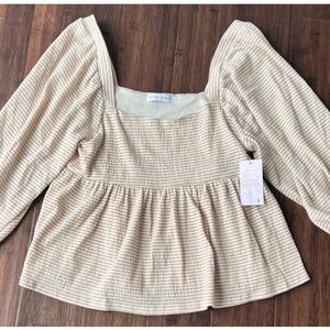 NWT Neutral Ground Striped Square Neck Babydoll Crop Top Blouse Sz Large